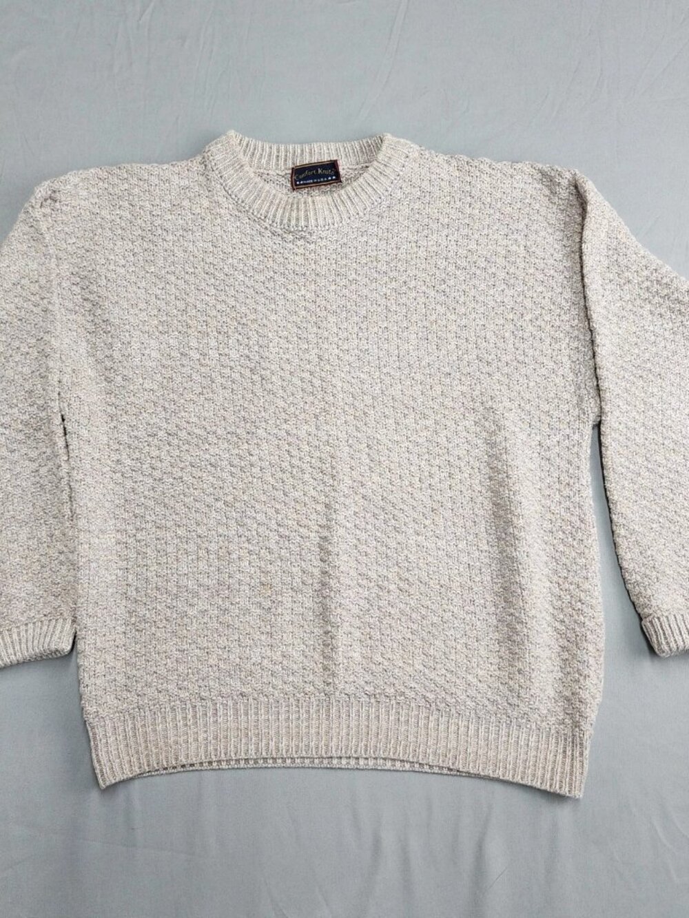 Comfort Knits Mens L Beige Crewneck Sweater Long Sleeve Pullover Knit USA